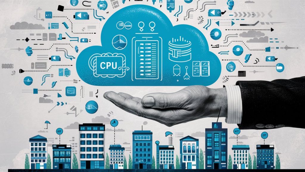 Mão digital oferecendo uma nuvem estilizada com ícones representando recursos tecnológicos (CPU, banco de dados, segurança), com prédios menores abaixo da mão prontos para receber essas soluções, sugerindo que a nuvem torna essas tecnologias acessíveis a todos, inclusive PMEs.