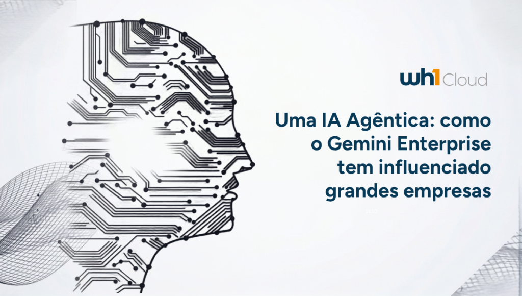 Perfil estilizado de uma inteligência artificial em formato de circuitos e conexões digitais sobre fundo claro, representando a integração e eficiência do Gemini Enterprise.