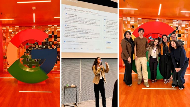 conjunto de 3 fotos mostrando momentos de apresentação no Google Partner São Paulo destacando pontos importantes da WH1 Cloud e do Gemini Enterprise