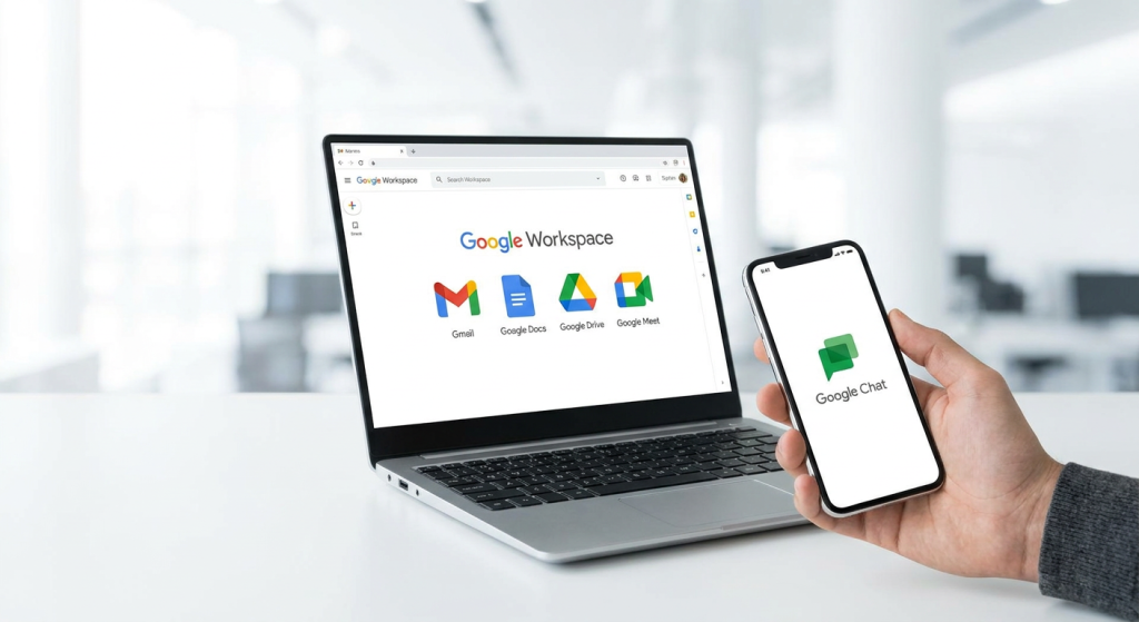foto de um notebook com os elementos do google workspace em cima de uma mesa em um ambiente branco
