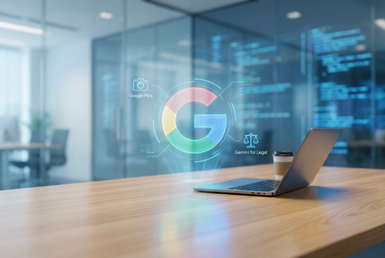 logo da novidade google no centro de uma mesa saindo de um computador com detalhes em azul tecnologico em cima de uma mesa de madeira